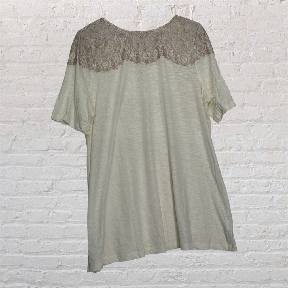 LOGO Lori Goldstein Womens XL Cream Lace Yoke‎ Zip Back Cotton Slub Knit Top